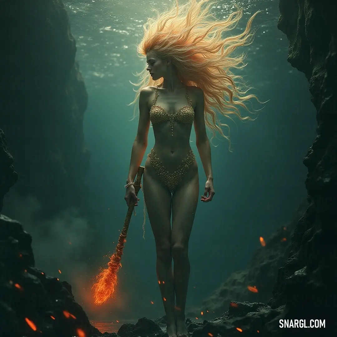 A confident woman in a vibrant bikini wields a fiery torch inside a damp cave, surrounded by dramatic rock formations and shimmering reflections. A daring woman in a vibrant bikini confidently holds a fiery stick amidst the rugged terrain of a damp cave, where glimmers of light play off the wet rocks and vibrant hues of the scene.