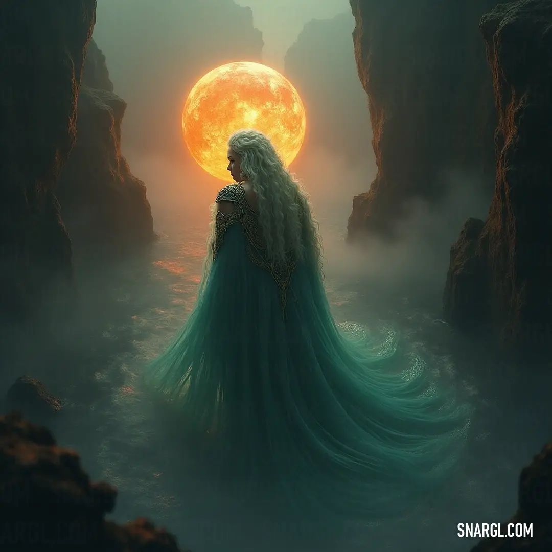 A graceful figure in a blue dress stands in water illuminated by the full moon, framed by a stunning mountain range in the background. A graceful figure adorned in a blue dress stands elegantly in the water, the full moon casting a silvery glow on her silhouette, while the majestic mountains create a majestic backdrop.