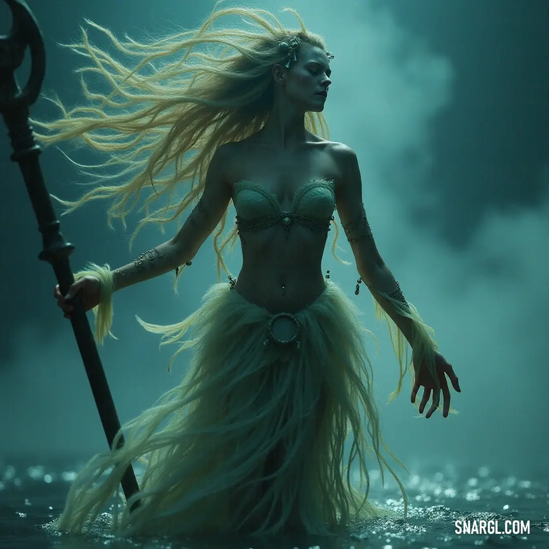 A mystical woman in a flowing green dress holds a magical staff in tranquil waters under a mysterious dark sky. A mystical woman clad in a flowing green dress wields a magical staff, poised in serene waters while the dark depths reflect an ethereal light, creating an enchanting atmosphere.