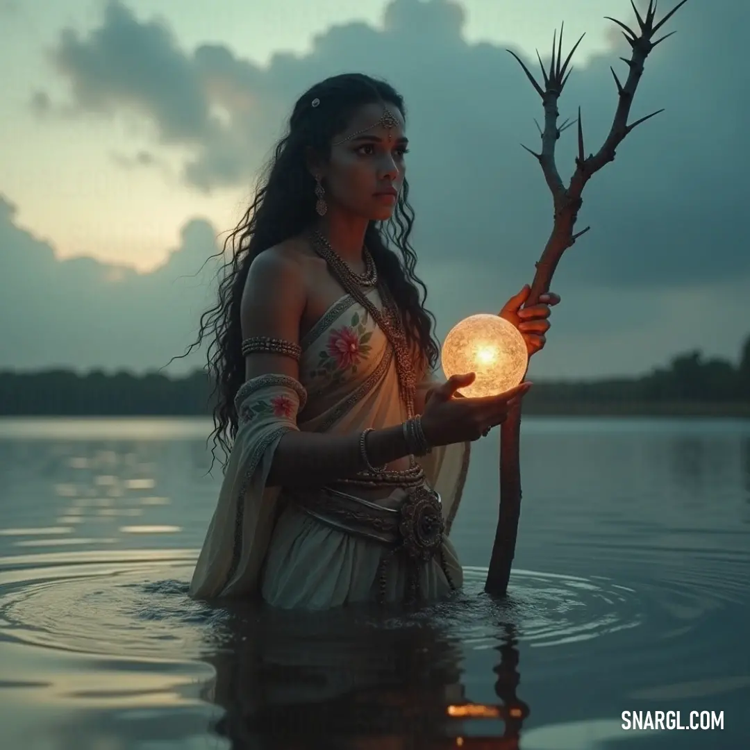 A tranquil figure holding a glowing light in the water, surrounded by the colors of dawn or dusk. A serene figure bends slightly over the water's edge, cradling a glowing light source as twilight hues paint the sky, reflecting shimmering colors on the water's surface while creating a scene of tranquility and hope.