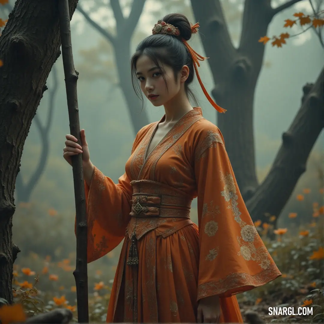 Evelyn, in an orange dress, stands amidst a vibrant forest, surrounded by lush trees and colorful flowers, as the magic of nature unfolds around her. Evelyn, adorned in a vibrant orange dress, stands amidst a lively forest filled with blooming flowers and towering trees. The colors of nature surround her, adding a sense of magic to the scene, as she embraces the beauty of the forest.