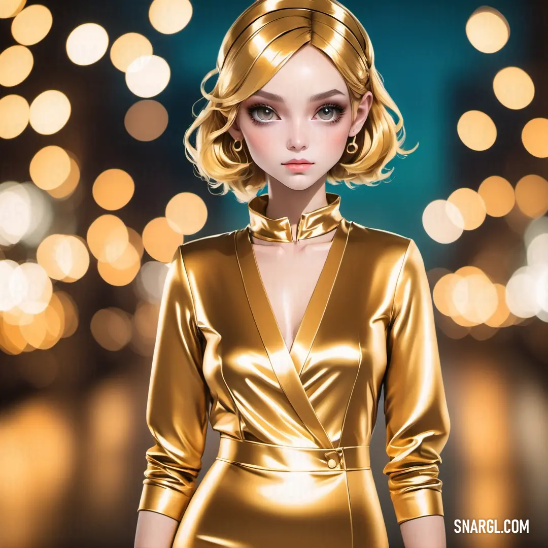 Digital painting of a woman in a gold dress with a gold collar and gold hair and makeup on