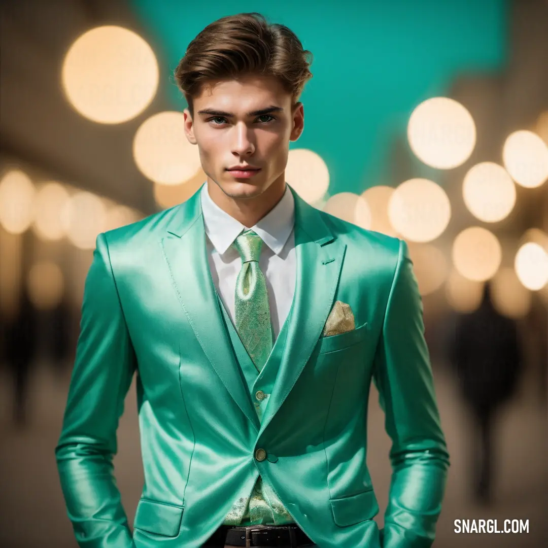 Man in a green suit and tie standing in a hallway with lights in the background