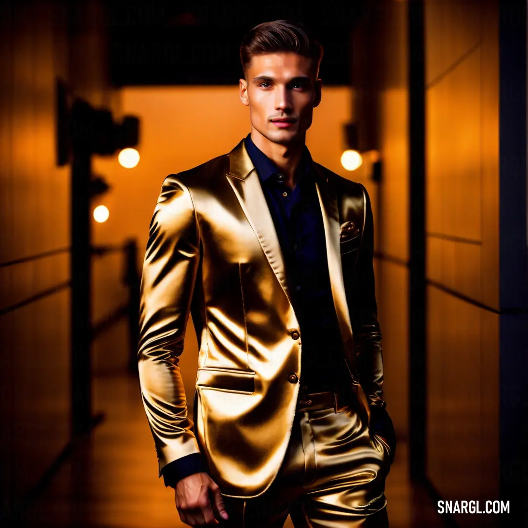 Man in a shiny gold suit standing in a hallway with his hands in his pockets