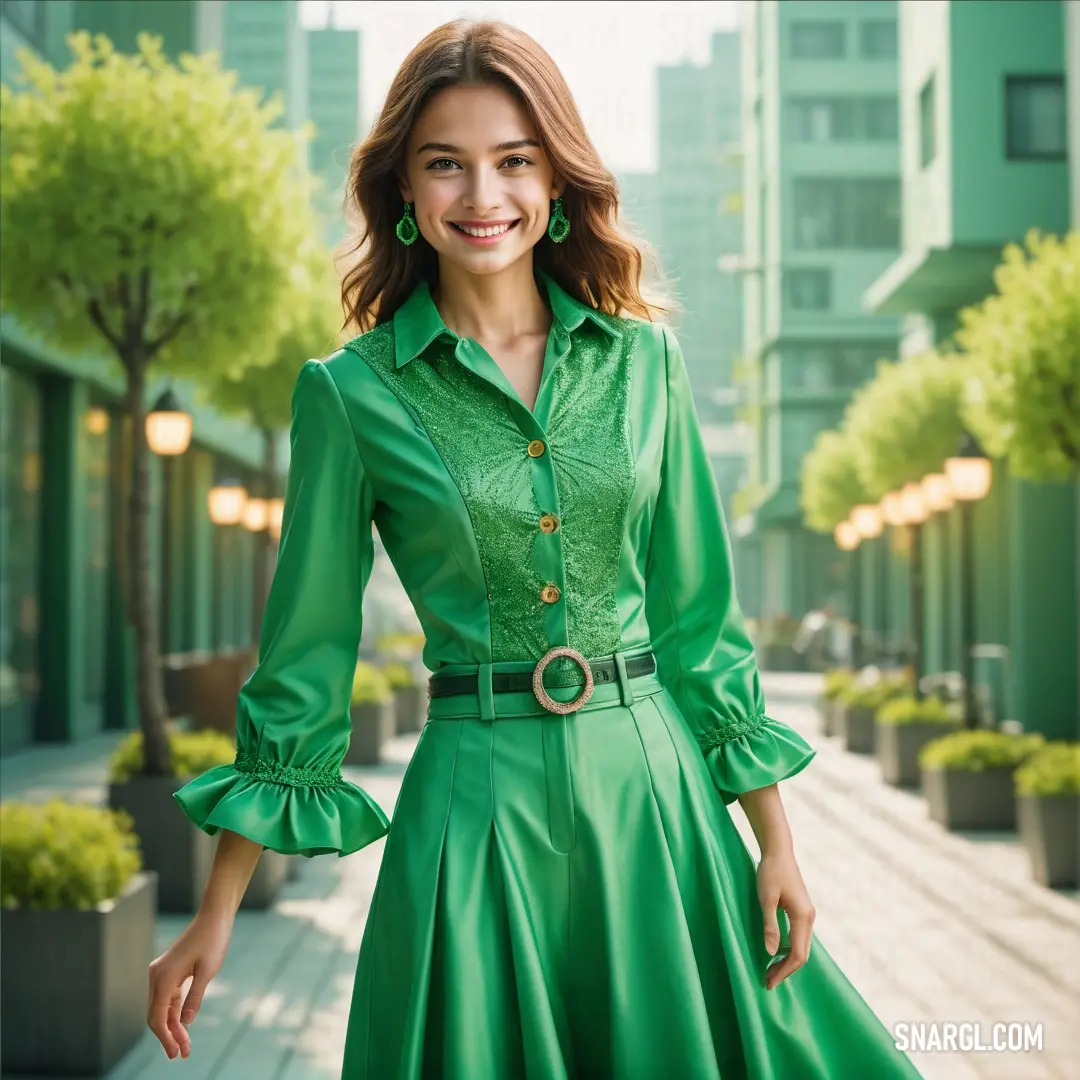 Woman in a green dress is smiling for the camera while standing on a sidewalk in a city with tall buildings