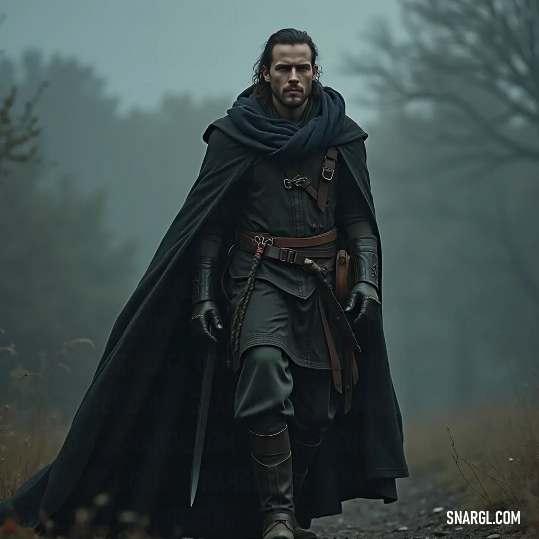 A cloaked traveler traverses a misty woodland path, their cape fluttering gracefully, surrounded by towering trees draped in wisps of fog. A robed figure gliding along a winding pathway in a fog-drenched forest, their cloak billowing softly in the breeze. The ethereal scenery appears enchanting, with the ancient trees providing a mystical embrace.