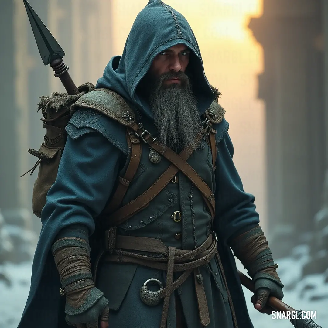 A commanding presence in a stunning blue outfit, this figure, equipped with a sword, stands proud and defiant, radiating a sense of strength and determination against a striking backdrop. Clad in a striking blue outfit and holding a gleaming sword, a figure with an impressive beard commands attention against a dramatic backdrop, embodying strength and valor, with a sense of purpose in their every stance.