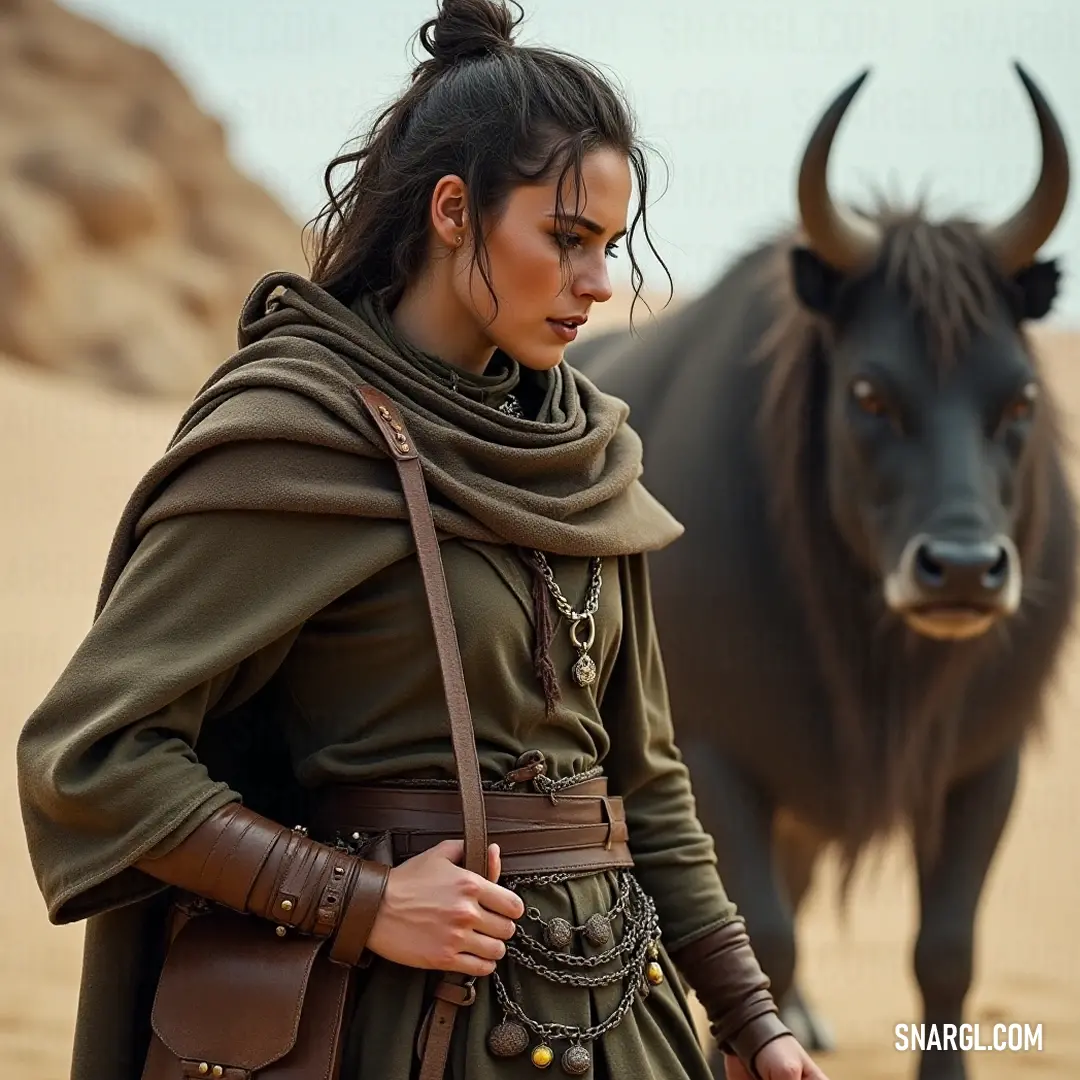 In a charming rural setting, a figure in a brown dress stands beside a gentle cow, blending seamlessly with the pastoral scenery, where daybreak light enhances the warm colors of nature - a moment of peace in the countryside.