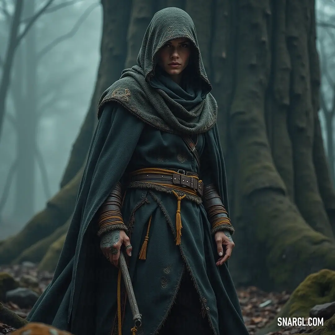 Draped in an elegant hooded cloak and adorned with a sweeping cape, a striking figure stands amid a majestic forest, gripping a staff that gleams in the dappled sunlight filtering through the leaves - a guardian of the ancient woods.