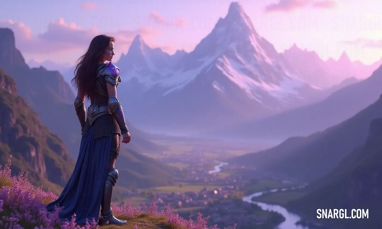 Embodying elegance, a woman in a striking blue dress stands high on a hill, surveying a vast valley, where majestic mountains cradle a winding river that sparkles in the warm sunlight. A woman dressed in a vibrant blue gown stands majestically atop a hill, gazing out over a breathtaking valley below, framed by majestic mountains and a winding river glistening under the sun.