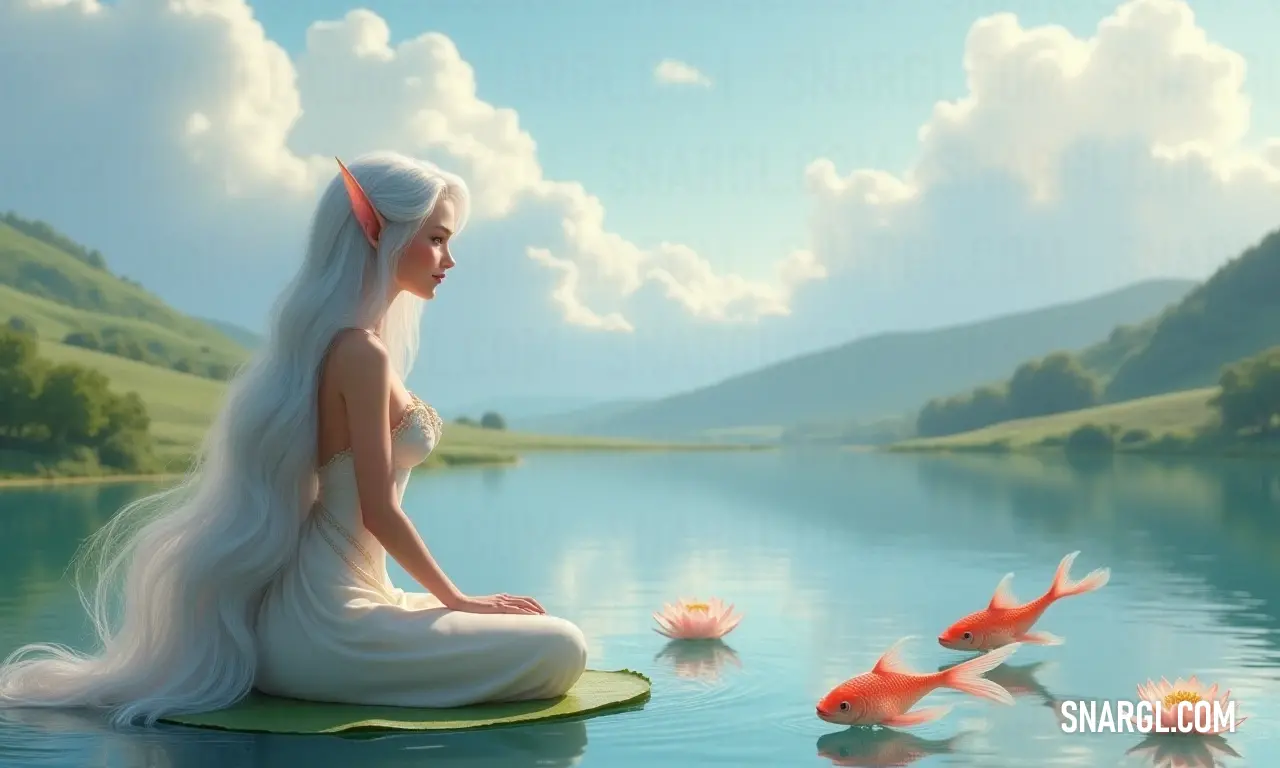 In a serene lake, a woman gracefully balances on a large lily pad, framed by playful goldfish and the stunning silhouette of a mountain, creating a peaceful escape into nature's embrace. A whimsical woman perches delicately on a giant lily pad, surrounded by shimmering goldfish swimming beneath the surface, with a picturesque mountain rising majestically in the background.