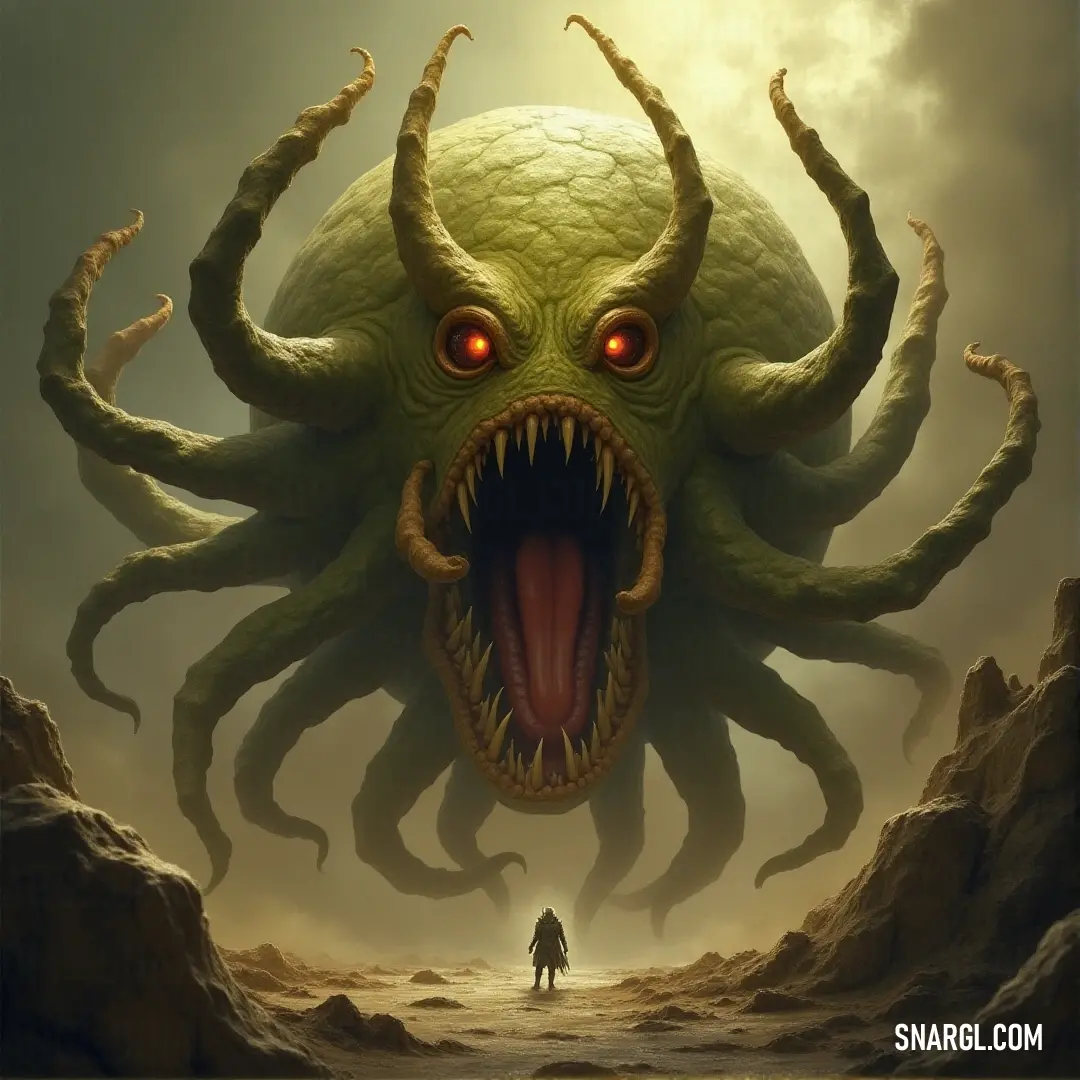A fearsome green monster with its mouth open wide, stands threateningly over an Eye Fiend. Its menacing posture and open jaws reflect the danger that looms in this tense, ominous confrontation.