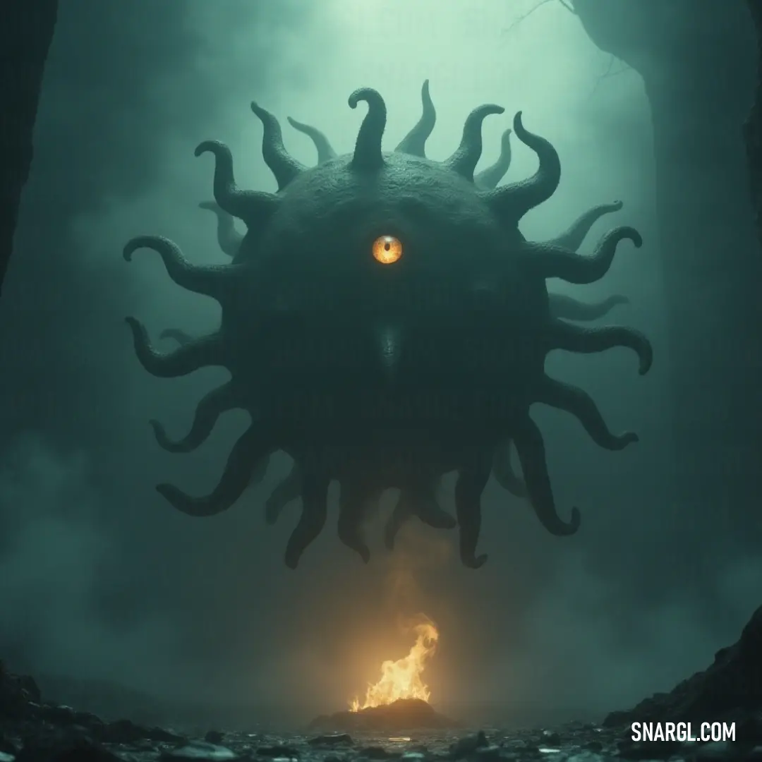 The formidable Eye of Eldritch Horror watches over a mysterious dark forest, its glowing eyes casting an enchanting light against the stillness of the night, hinting at hidden dangers. A vast Giant Eye of Eldritch Horror glimmers with supernatural eyes in a shadowy forest, with a flickering fire pit below, drawing attention to the surreal and mesmerizing presence in the wild.