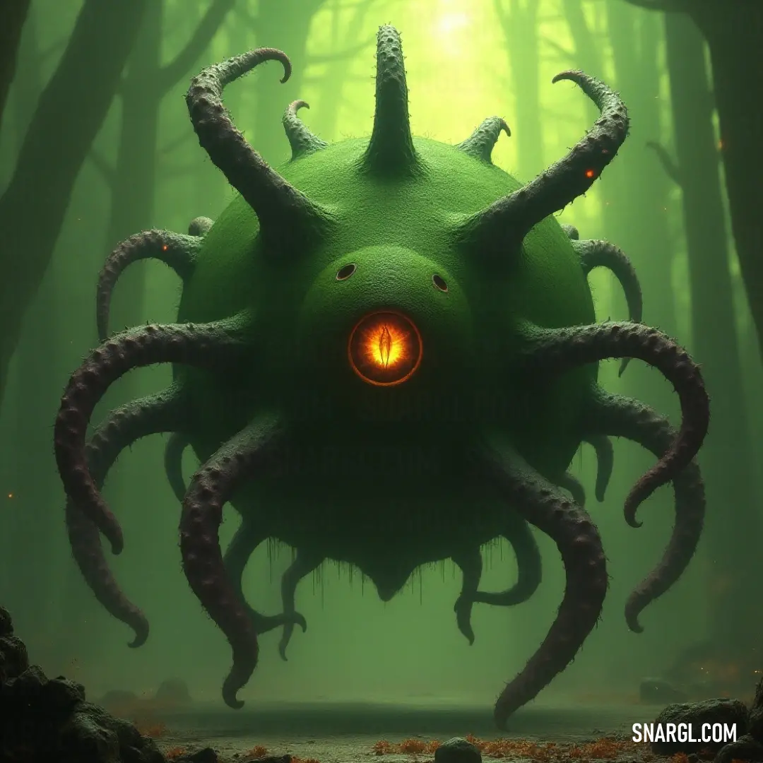 A giant green Eye of Nightmares glowing in the forest among the trees and rocks. In a dense, shadowy forest, a colossal green Eye of Nightmares gleams intensely, nestled among ancient trees and scattered rocks, creating an otherworldly atmosphere filled with both wonder and trepidation.