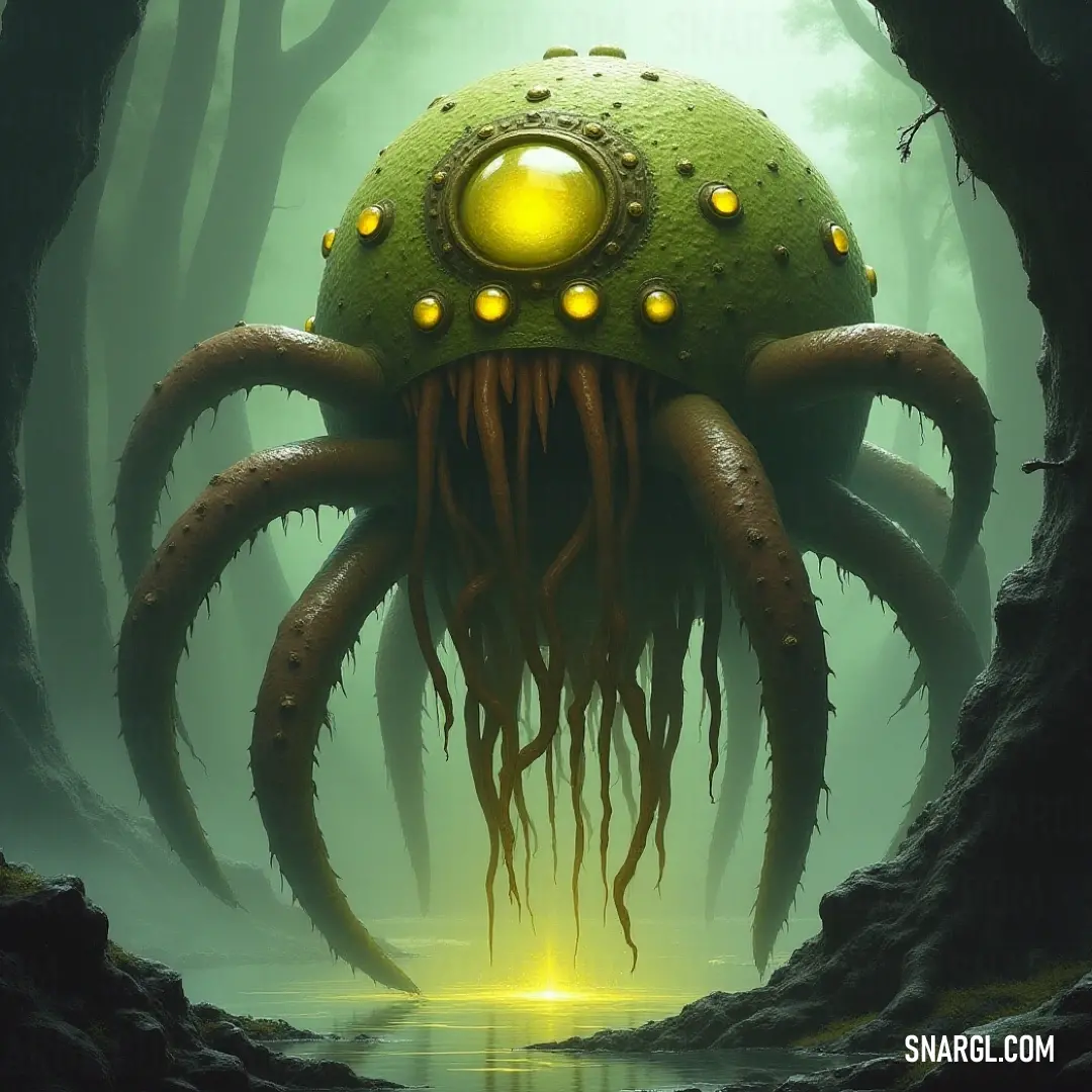 The Giant Green Eye of the Beholder captivates woodland dwellers, radiating a vivid yellow glow from its mouth, harmonizing beautifully with the lush greenery and glistening water. In a lush forest, the Giant Green Eye of the Beholder emerges with a bright yellow light emanating from its mouth, surrounded by vibrant trees and tranquil waters, creating an idyllic yet otherworldly atmosphere.