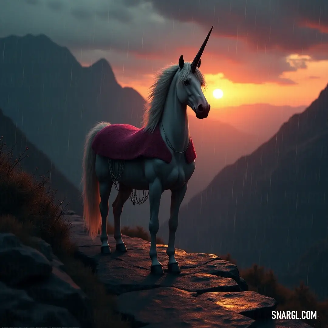 A mystical Fae Unicorn standing resplendently on a rugged rock, surrounded by gentle raindrops as the sun sets behind majestic mountain ranges, creating an atmosphere of enchantment and wonder.