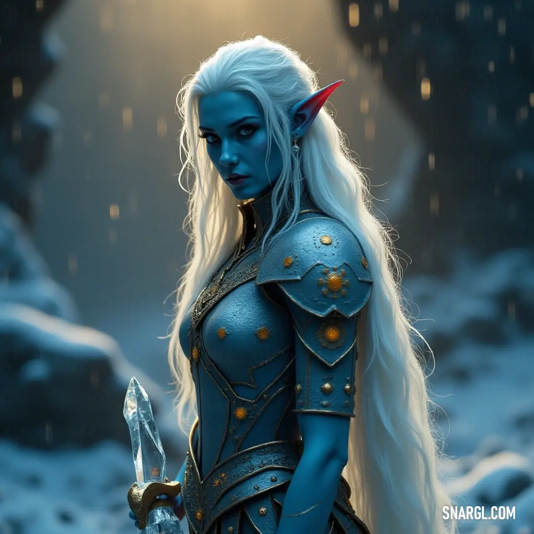 A fierce warrior stands amidst a winter wonderland, her blue attire contrasting beautifully against the white snow, depicting a spirit of strength and resilience in the face of nature's chill. With snowy landscapes surrounding her, a striking figure with flowing white hair and a vibrant blue outfit stands resolutely, sword in hand, commanding respect as she faces the chilly wilds.