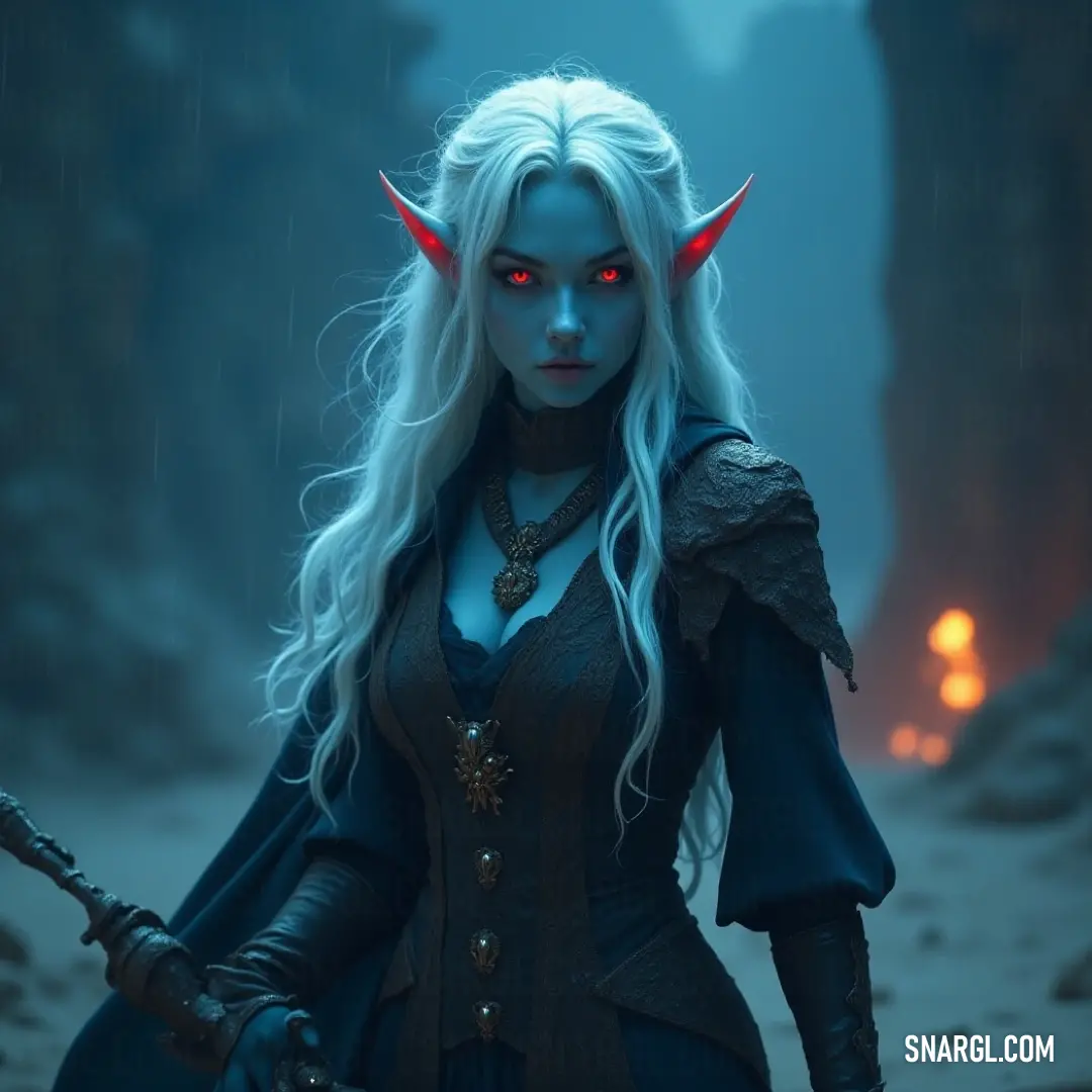 An intense portrayal of a horned warrior, sword in hand, casting a striking silhouette against the vibrant red glow illuminating the dark cave surroundings. A formidable warrior stands ready, adorned with horns and gripping a gleaming sword, the glow of red light illuminating her fierce expression in the depths of a foreboding cave.