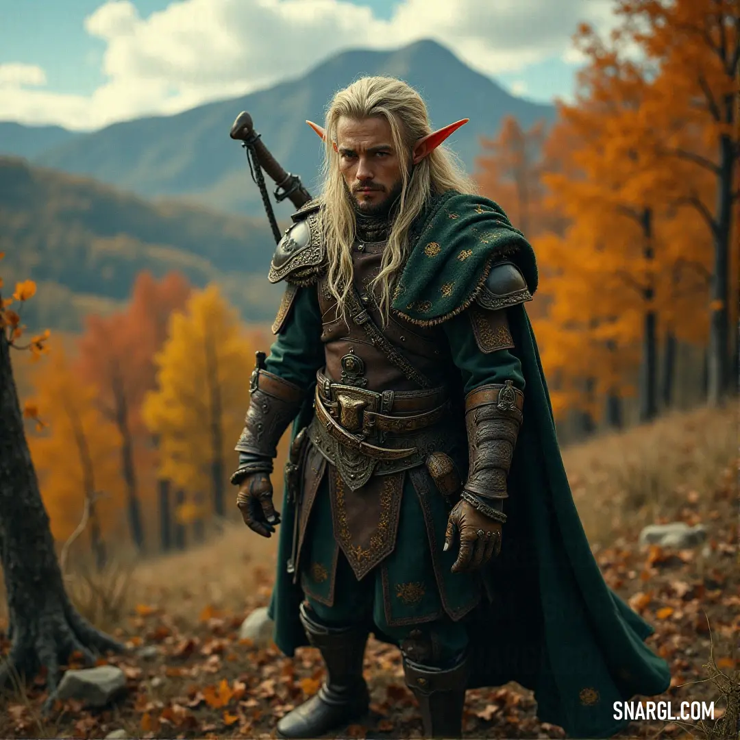 Faendal, dressed in medieval armor, stands resolutely in a vast field, a sword at his side and a helmet atop his head. The distant mountains rise majestically behind him, creating a breathtaking backdrop to his stance.