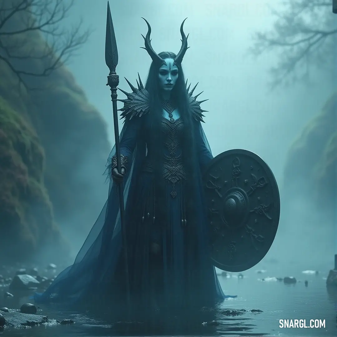Faenor, dressed in blue, wields a sword and shield in a misty swamp, surrounded by dark trees and rocks. Faenor stands tall in a flowing blue dress, gripping a sword in one hand and a shield in the other. She is surrounded by a swampy landscape, where twisted trees loom overhead and jagged rocks break through the murky water. A misty atmosphere adds to the m