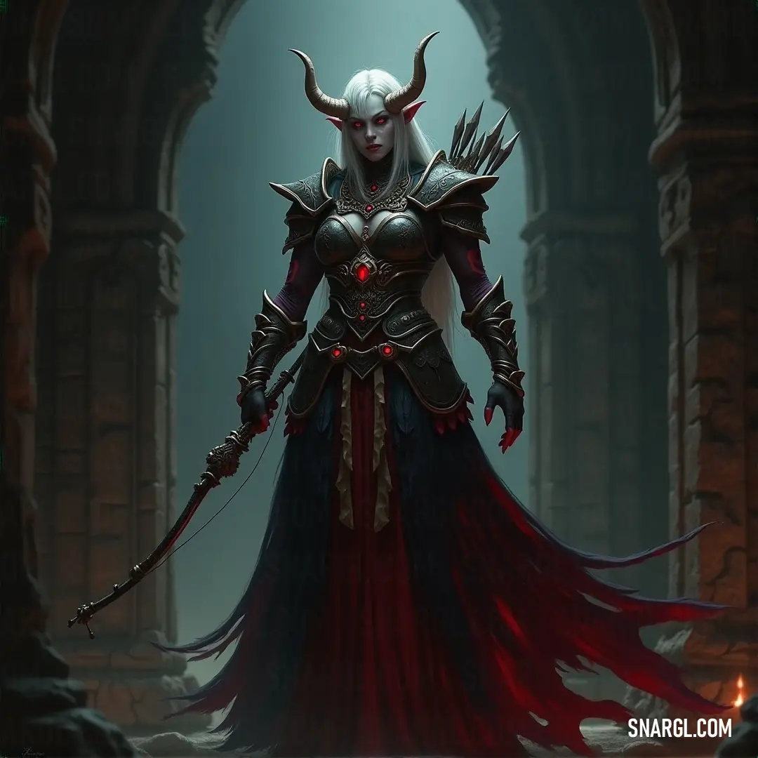 Faenor, in a red dress with a horned headdress, holds a sword with grace and confidence, a symbol of her noble strength. Faenor, draped in a flowing red dress, stands with a sword in hand, her horned headdress a regal symbol of her power. Her expression is one of quiet strength as she prepares for whatever challenges await her in this mystical world.