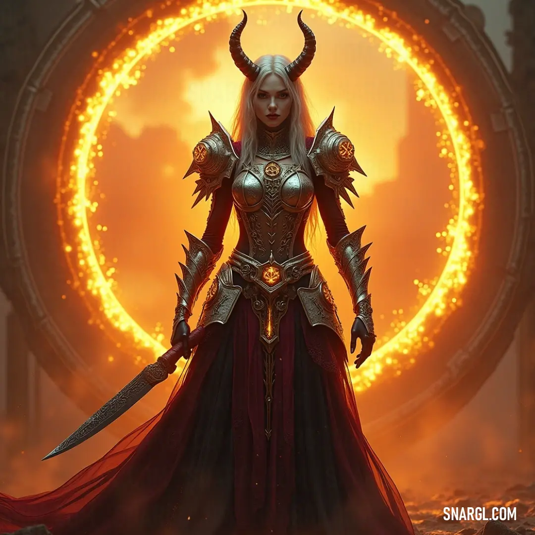 Faeryl, adorned in horns and holding a sword, stands before a radiant sun circle surrounded by fire, ready for anything. Faeryl, wearing a fierce costume with sharp horns, stands in front of a blazing ring of fire, her sword held high in readiness. Behind her, a circle of light surrounds the sun, casting an intense glow and adding drama to her powerful stance in the fiery s