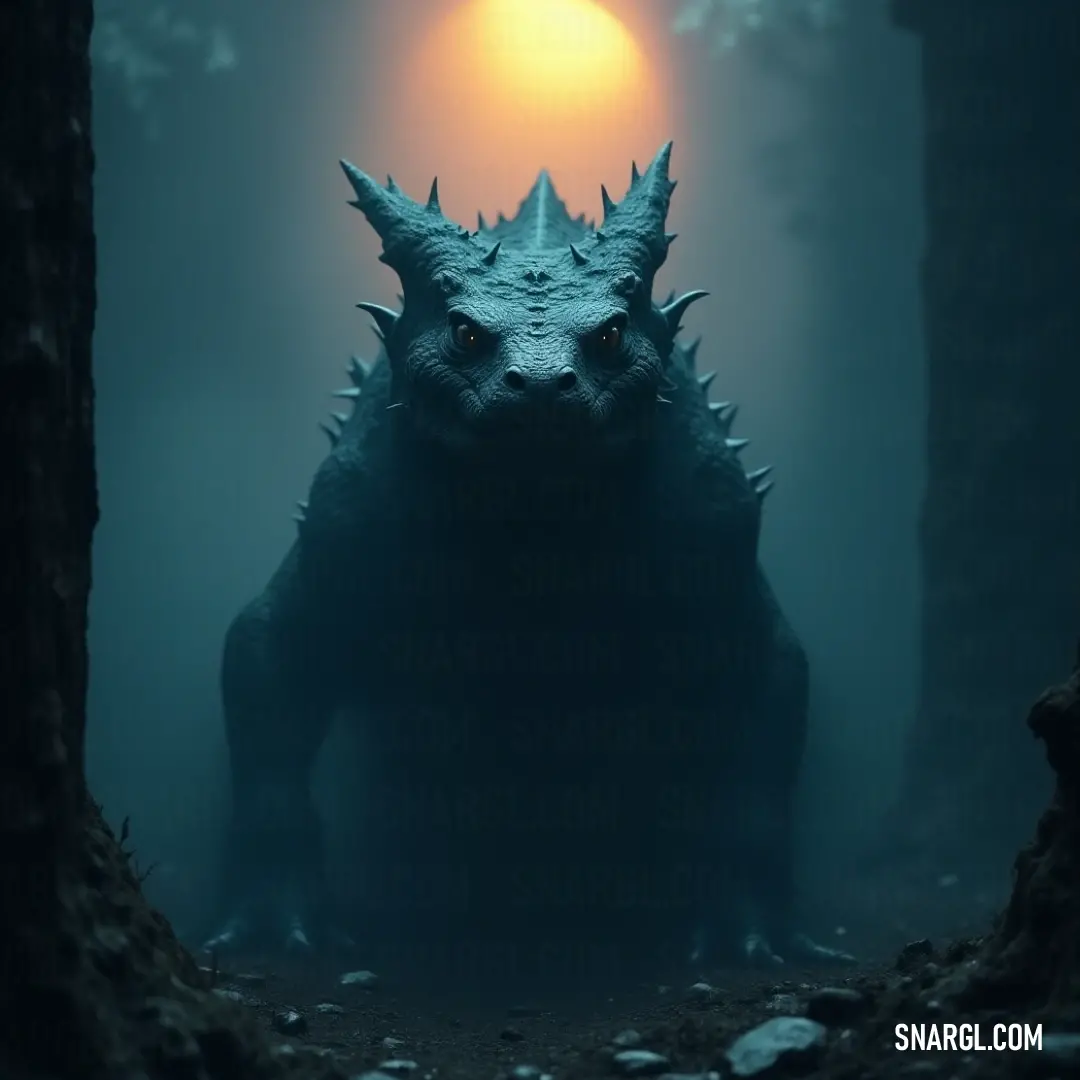Godzilla stands in a shadowy forest, illuminated by an eerie glow, its fierce eyes piercing the darkness, evoking a sense of awe. Standing in a shadowy forest, Godzilla looms large, its brilliant eyes glowing fiercely as a bright light envelops its fierce visage, casting an otherworldly ambiance into the dark surroundings.