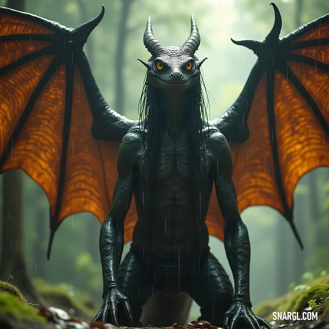 Fafnir, the forest dragon, proudly displaying its wings amidst a lush green backdrop. Fafnir, resplendent with dragon-like features, commands the forest landscape, its wings wide open amid the mystical woods, embodying the essence of fantasy and nature intertwined.