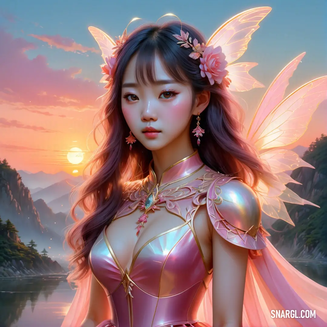 Beautiful asian female Fairy in a pink dress with a pink flower in her hair