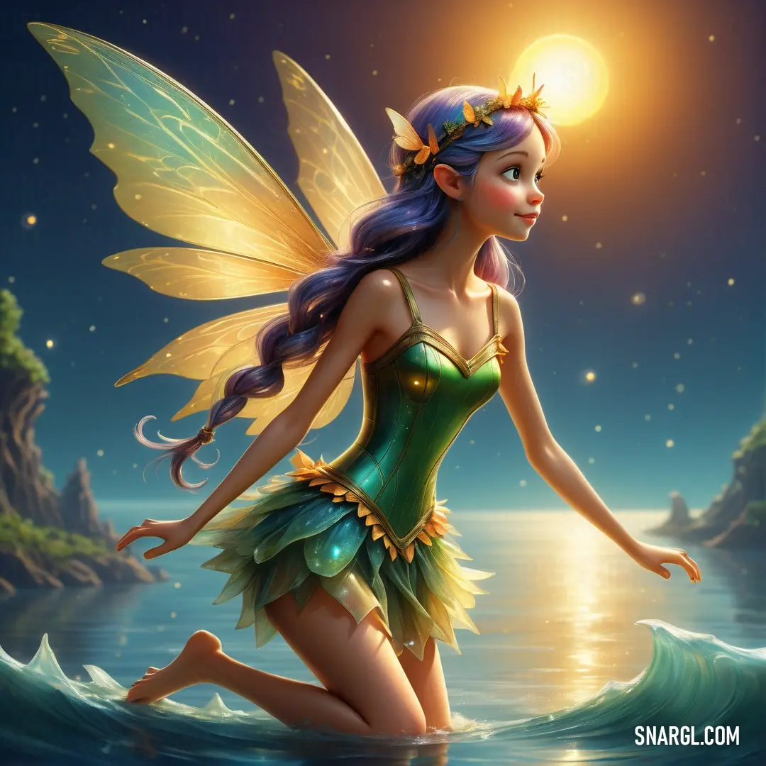 Beautiful fairy on a wave in the ocean with a full moon behind her