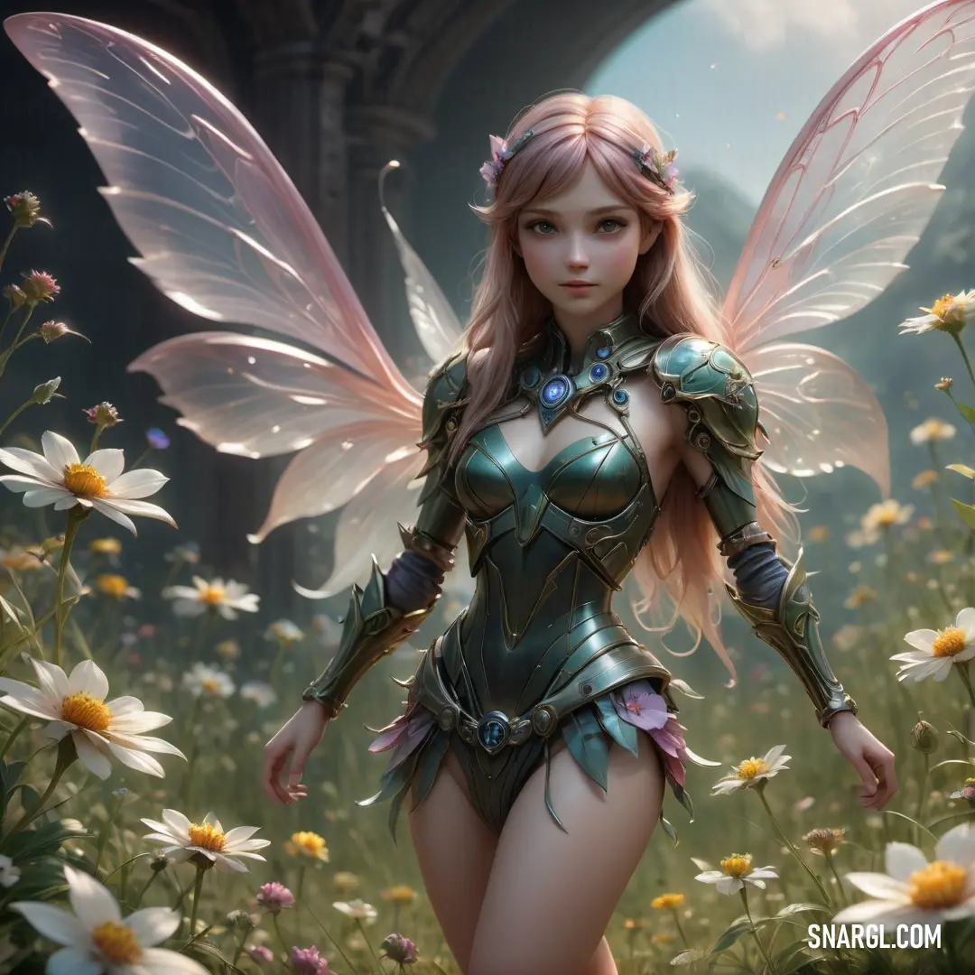 Beautiful fairy standing in a field of daisies with her wings spread out
