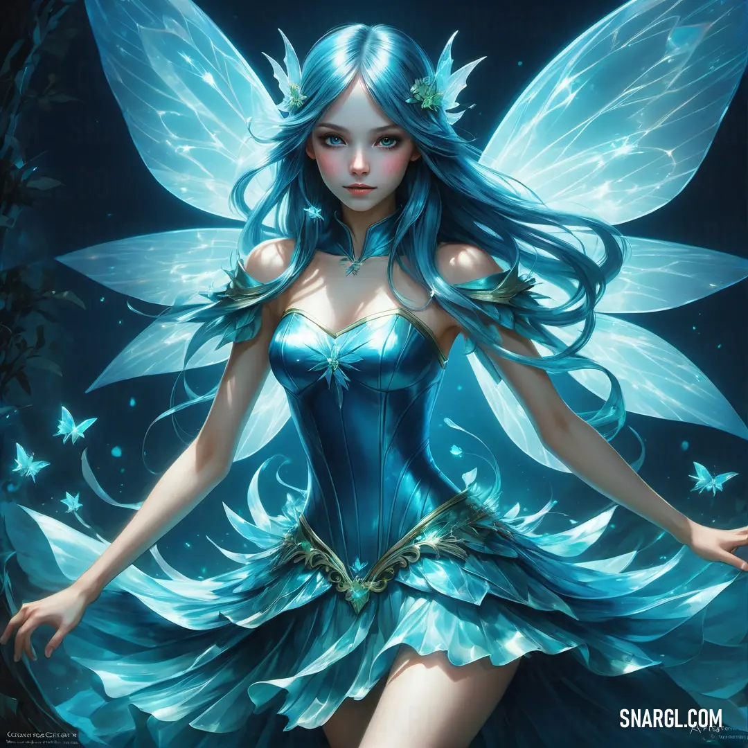 Beautiful fairy with blue hair and wings in a blue dress with butterflies on her wings