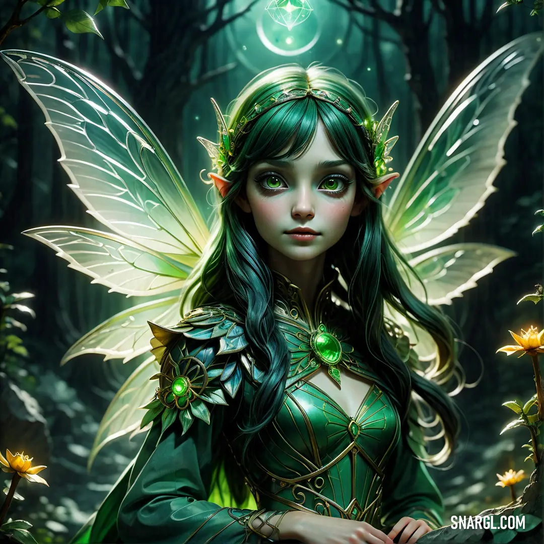 Beautiful green fairy with a green dress and flower in her hair standing in a forest with a moon in the background