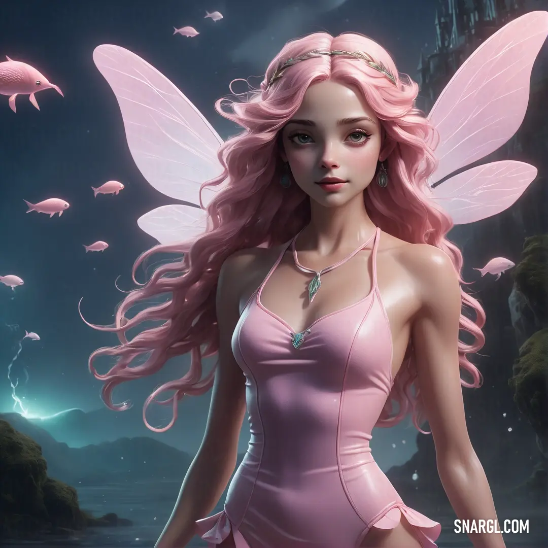 Beautiful pink fairy with pink hair and a pink dress standing in front of a castle