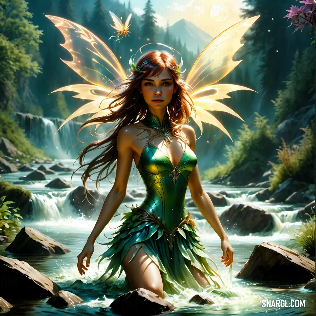Beautiful female Fairy in a green dress standing in a stream with a butterfly on her shoulder