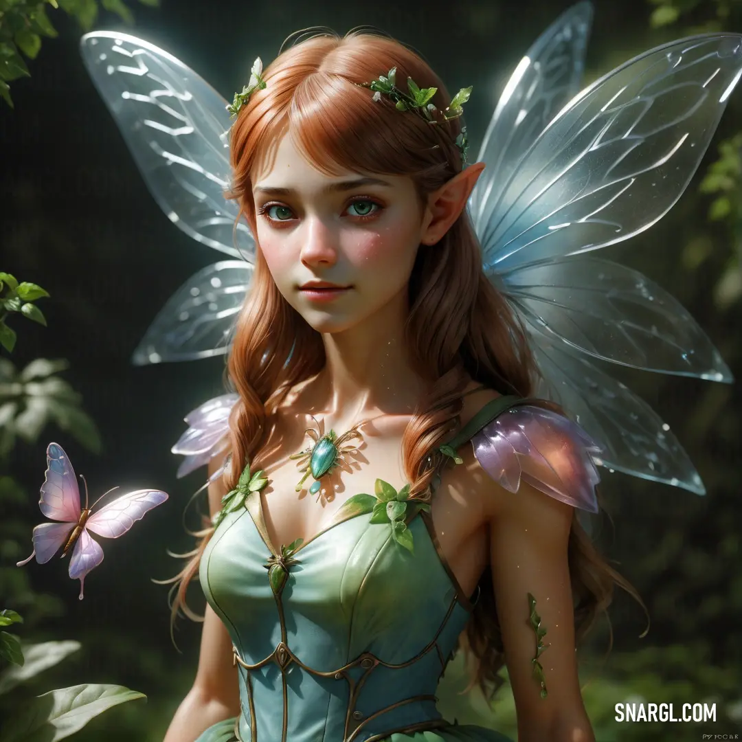 Beautiful young girl dressed in a green dress with butterflies around her neck and wings