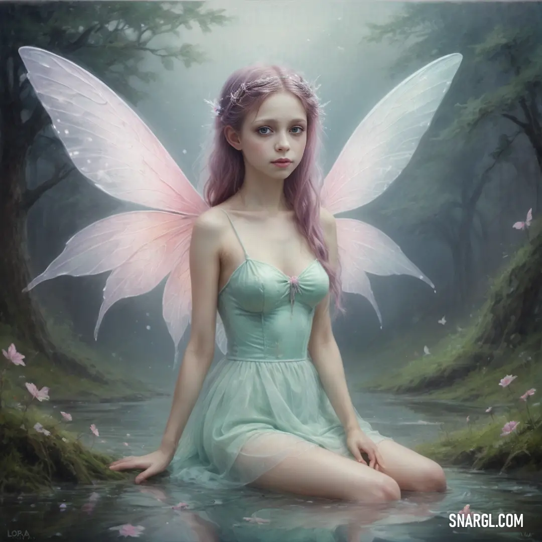 Fairy on a body of water with a pink hair and wings on her body