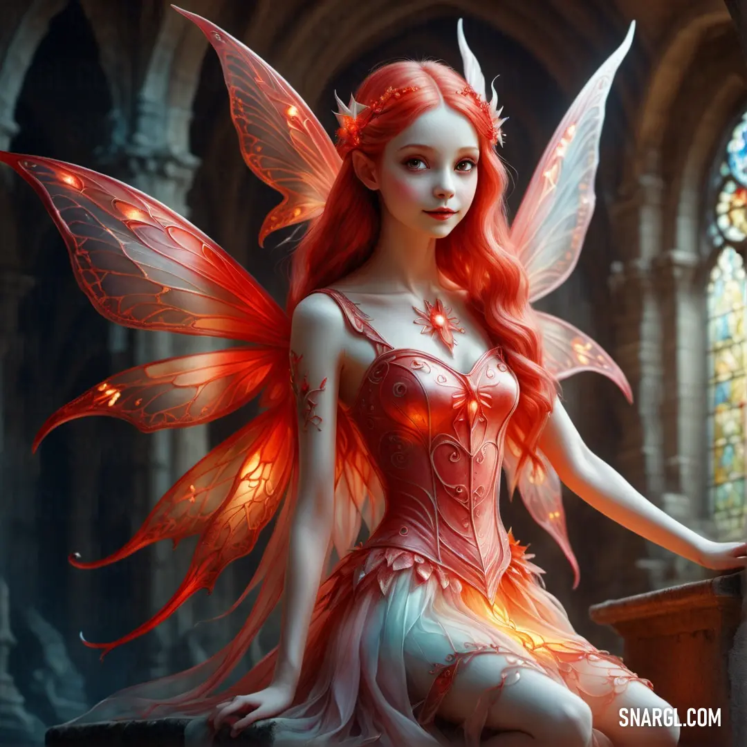 Fairy on a ledge with a stained glass window behind her