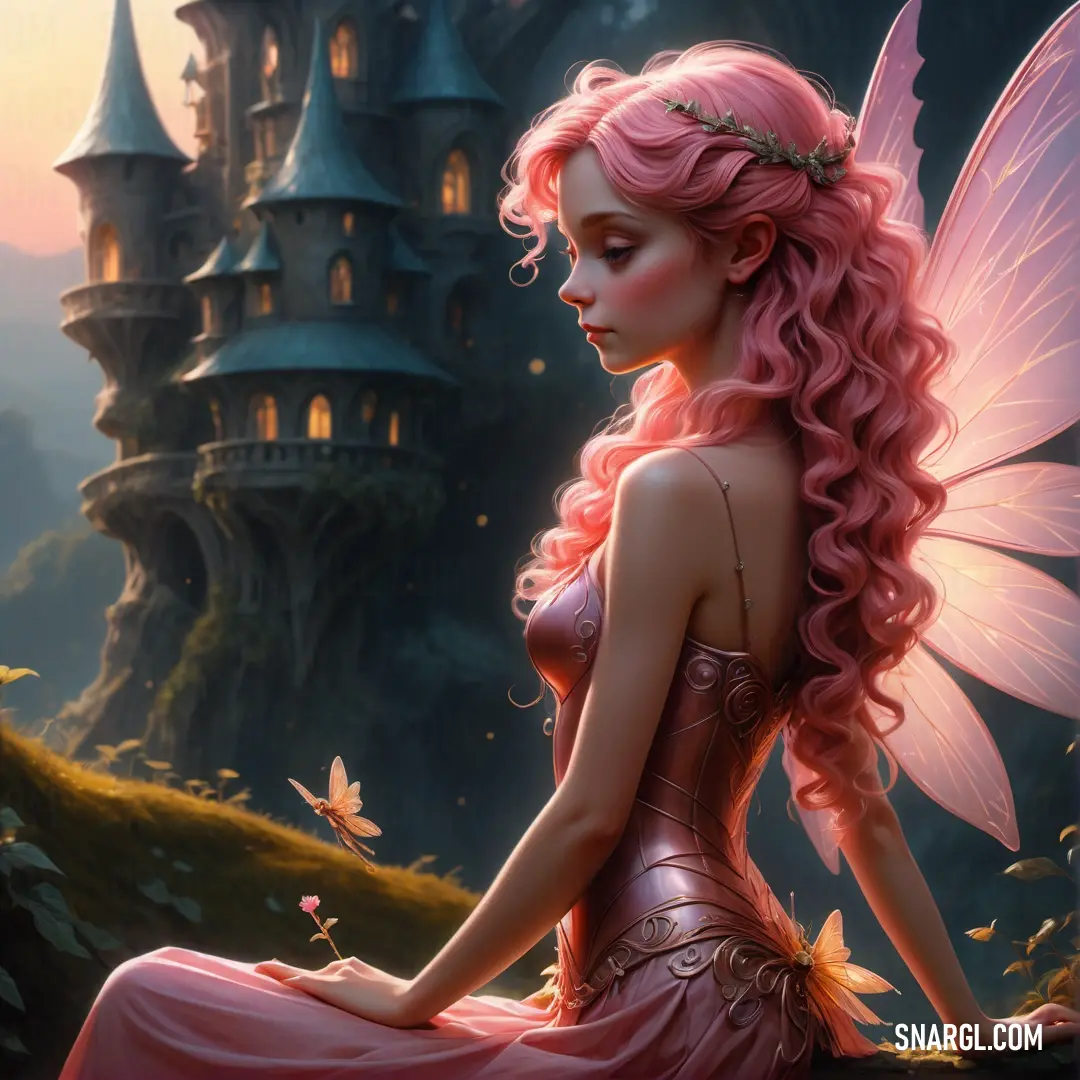 Fairy on a rock with a pink dress and butterfly wings on her head and a castle in the background