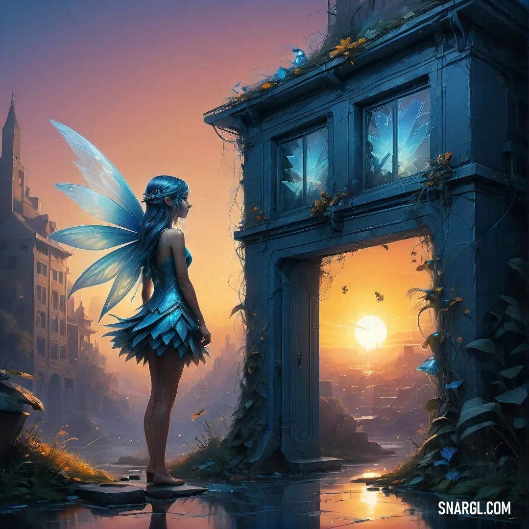 Fairy standing in front of a building with a Fairy on it's back wing and a Fairy on her shoulder