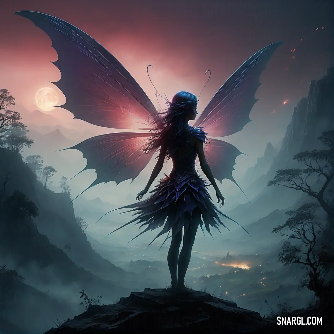 Fairy standing on a hill with a glowing wings on her back and a full moon in the background