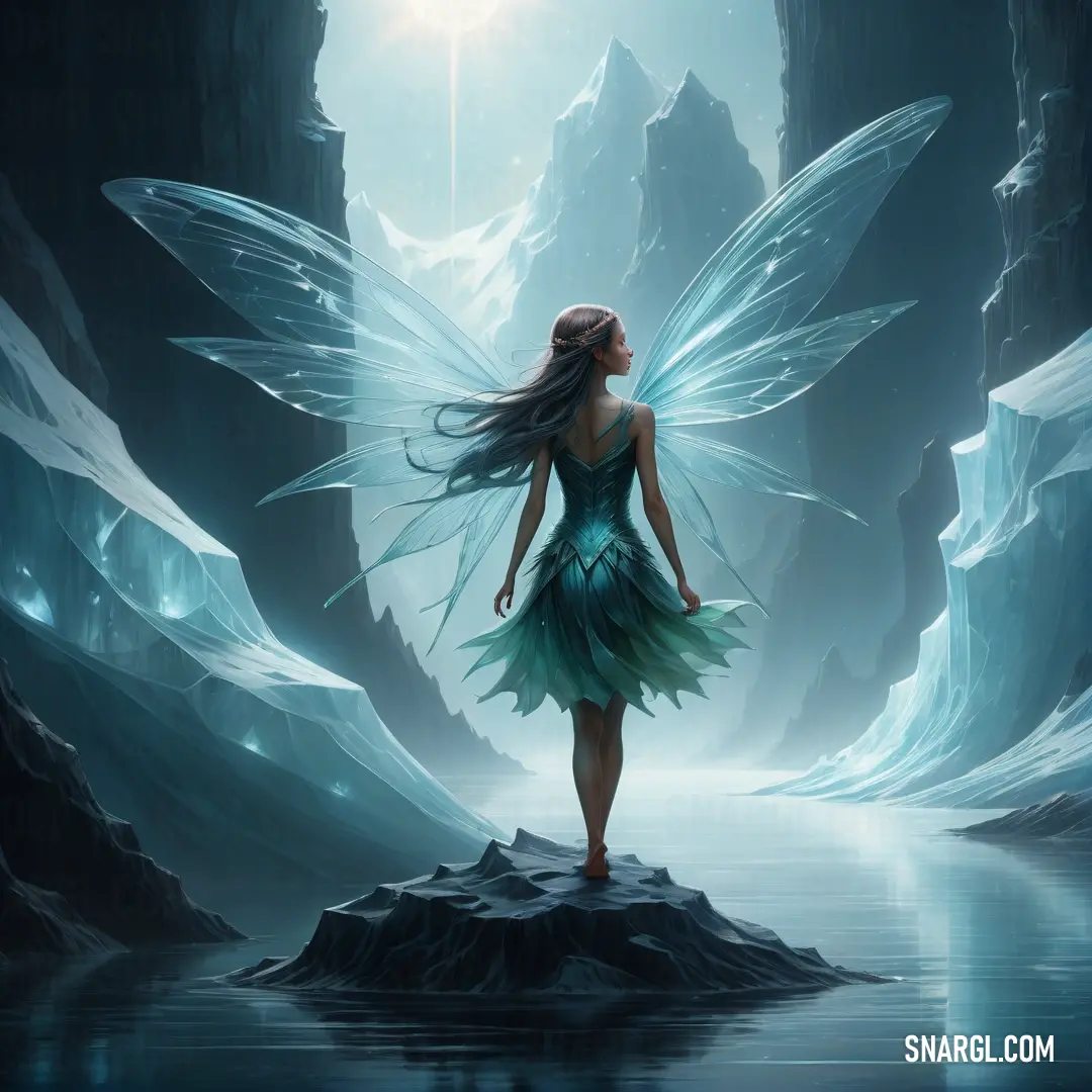 Fairy standing on a rock in a cave with a light shining on her face and wings flying above her