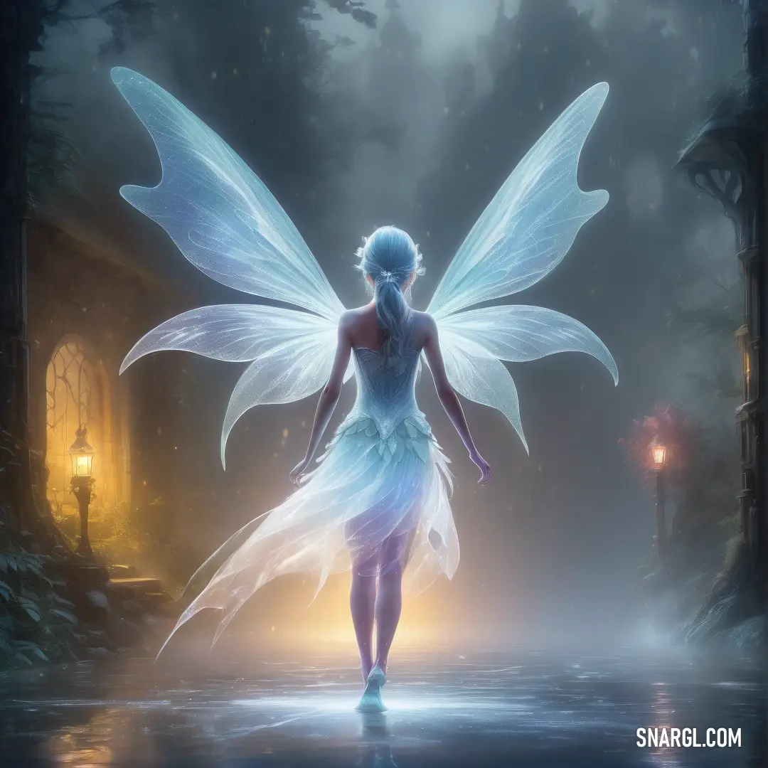 Fairy with a blue dress and wings walking in the water at night with a lantern in the background