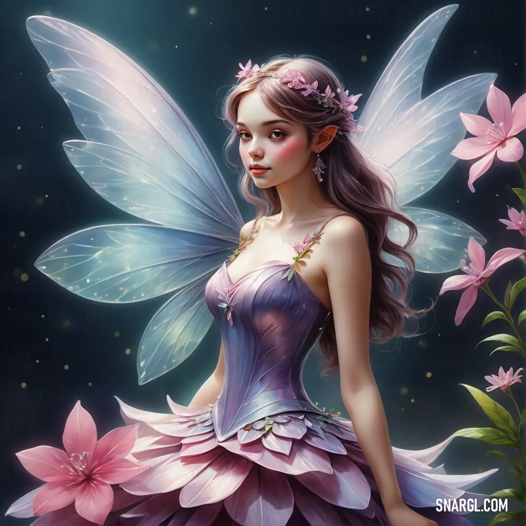Fairy with a flower in her hair and a purple dress on a dark background