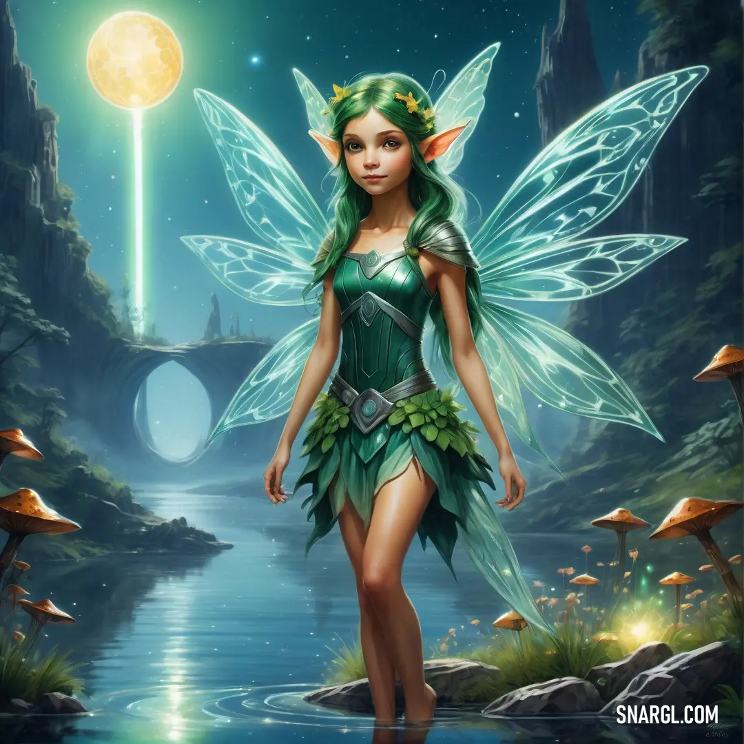 Fairy with a green dress and a green tail standing in a river with mushrooms and a full moon in the background