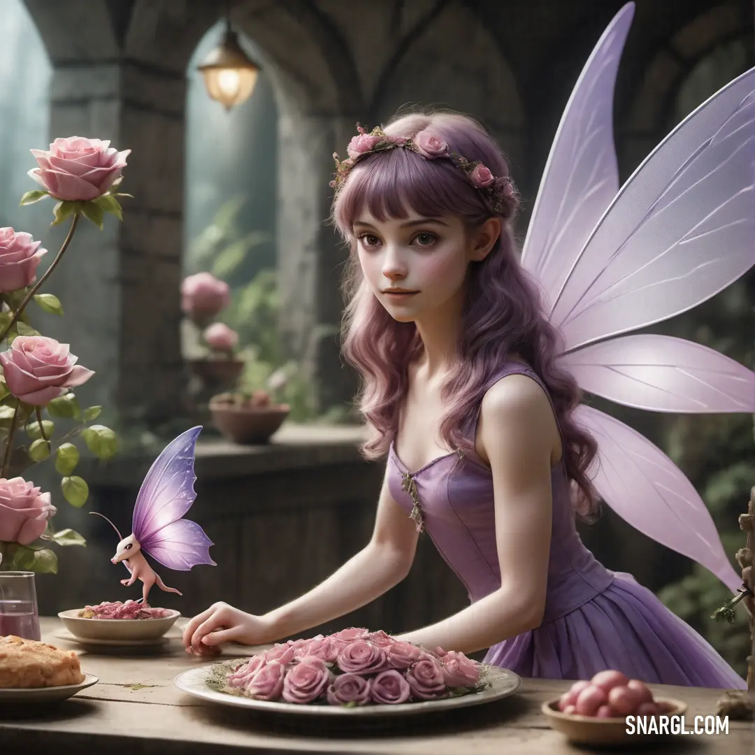 Fairy with a plate of food and a butterfly on her shoulder
