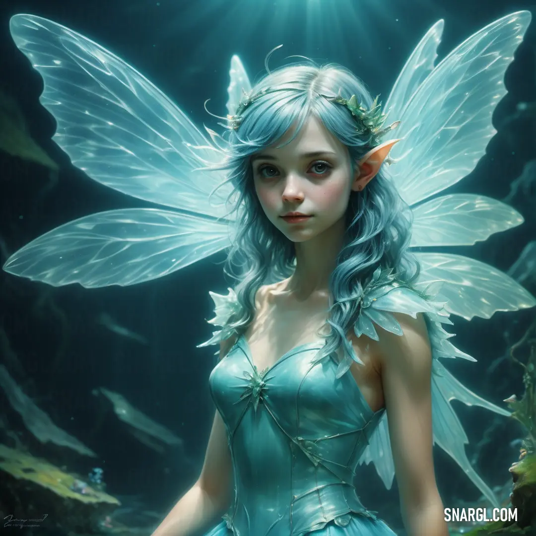 Fairy with blue hair and a green dress standing in a forest with fish in it's wings