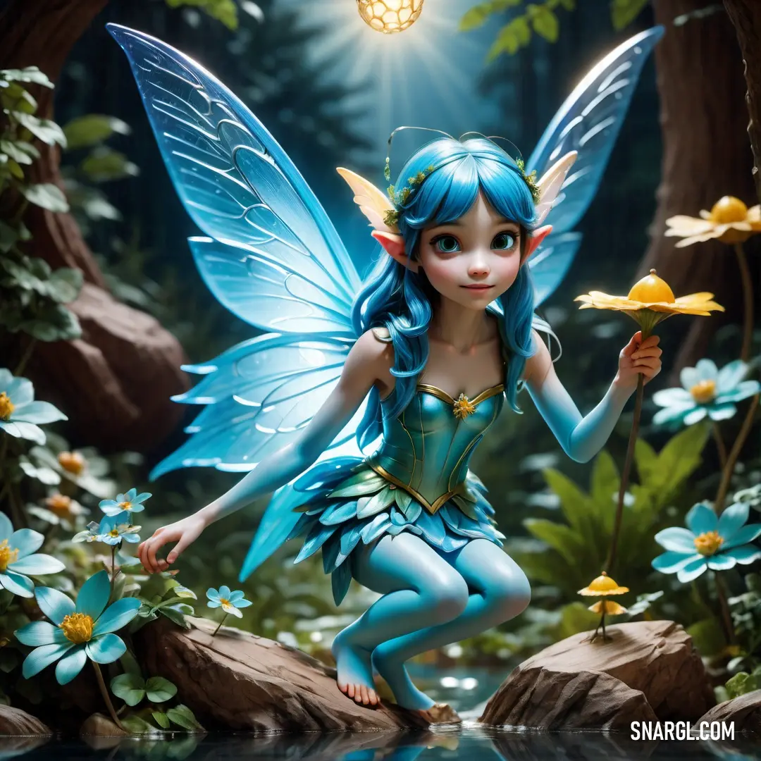Fairy with blue hair and a blue dress holding a flower in her hand and a light bulb above her head