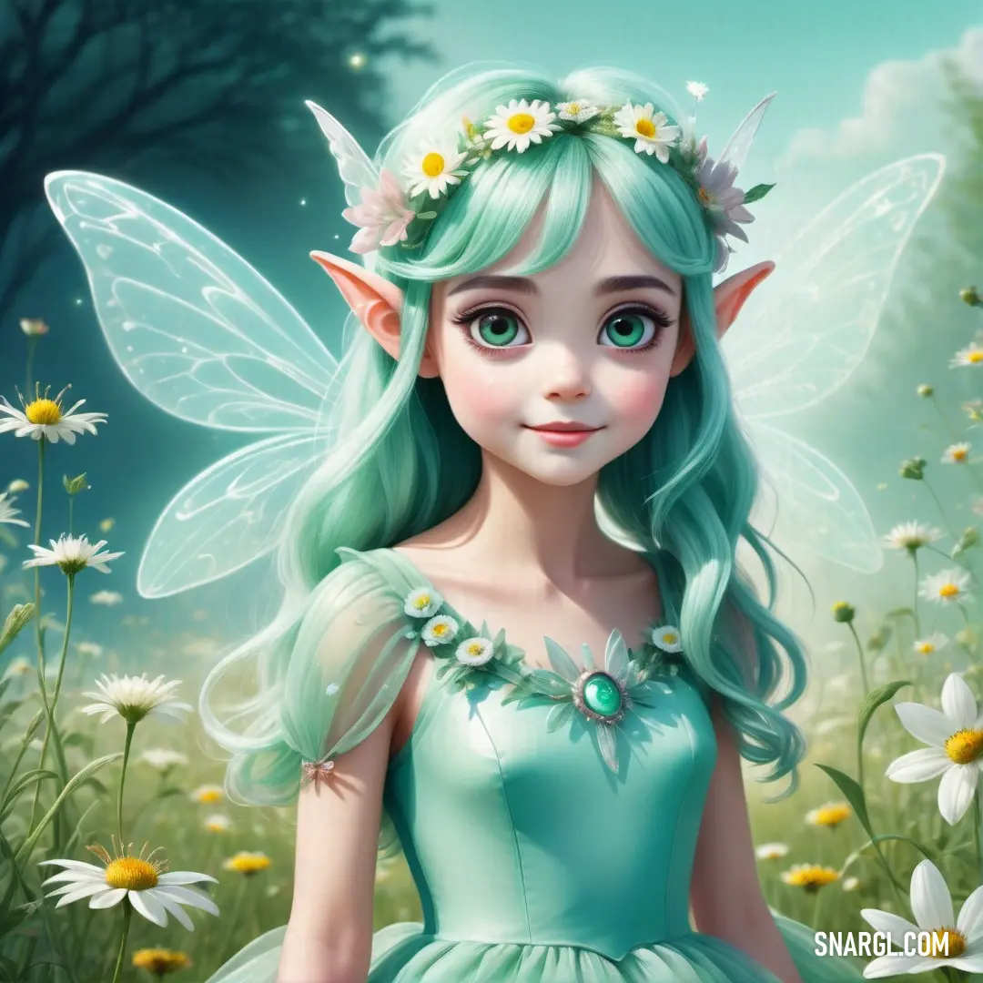 Fairy with green hair and a flower in her hair is standing in a field of daisies