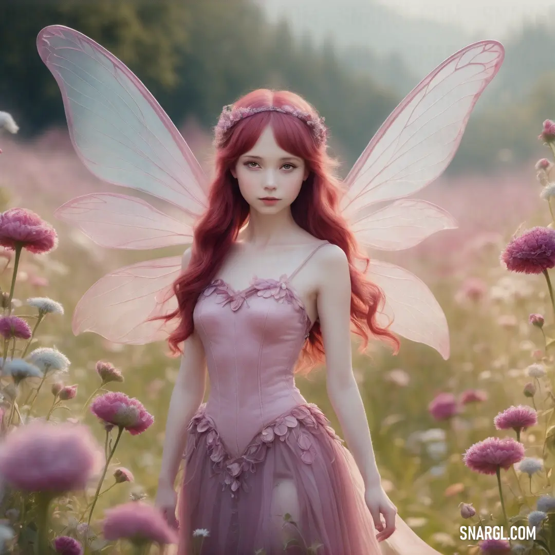 Fairy with long red hair and pink dress standing in a field of flowers with a butterfly on her head